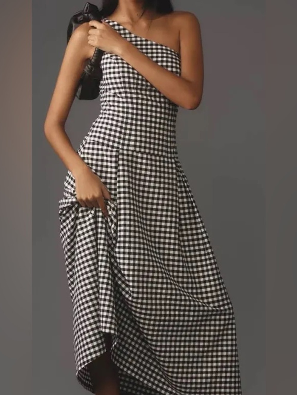 Anthropologie One Shoulder Black & White Gingham Dress XS